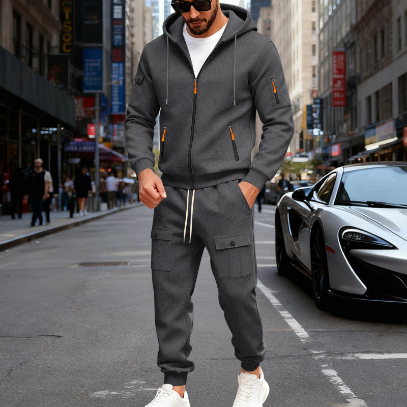 Herren nan sportliches Cargo-Jogging-Set mit Kapuzenjacke, durchgehendem Reißverschluss und funktionalen Mehrzwecktaschen Drune