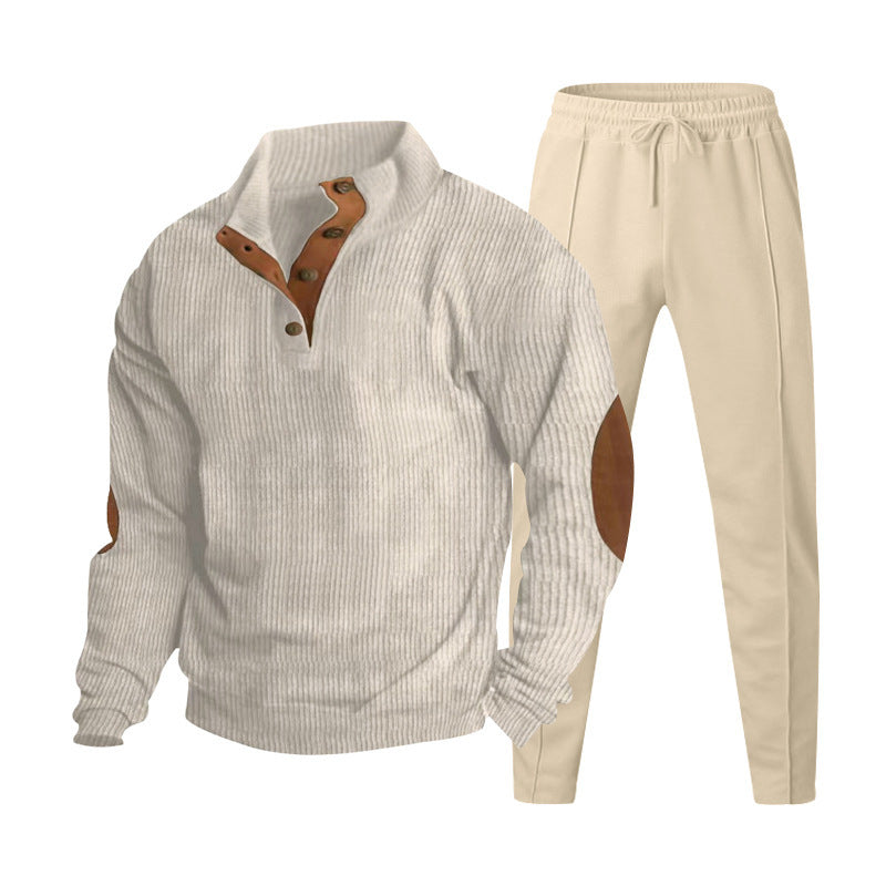 Herren nan strukturiertes Strick-Loungewear-Set mit halber Knopfleiste, kontrastreichen Ellbogenpatches und elastischem Tunnelzug-Jogger Drune