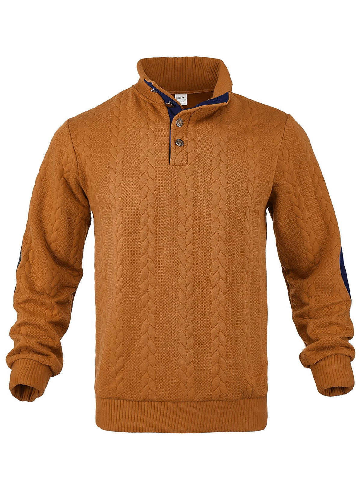 Herren nan Zopfmuster-Pullover mit Stehkragen, halber Knopfleiste und Ellbogenpatches Drune