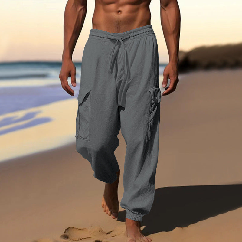 Herren nan luftige Leinen-Mix Strandhose mit Cargo-Taschen und elastischem Saum Drune