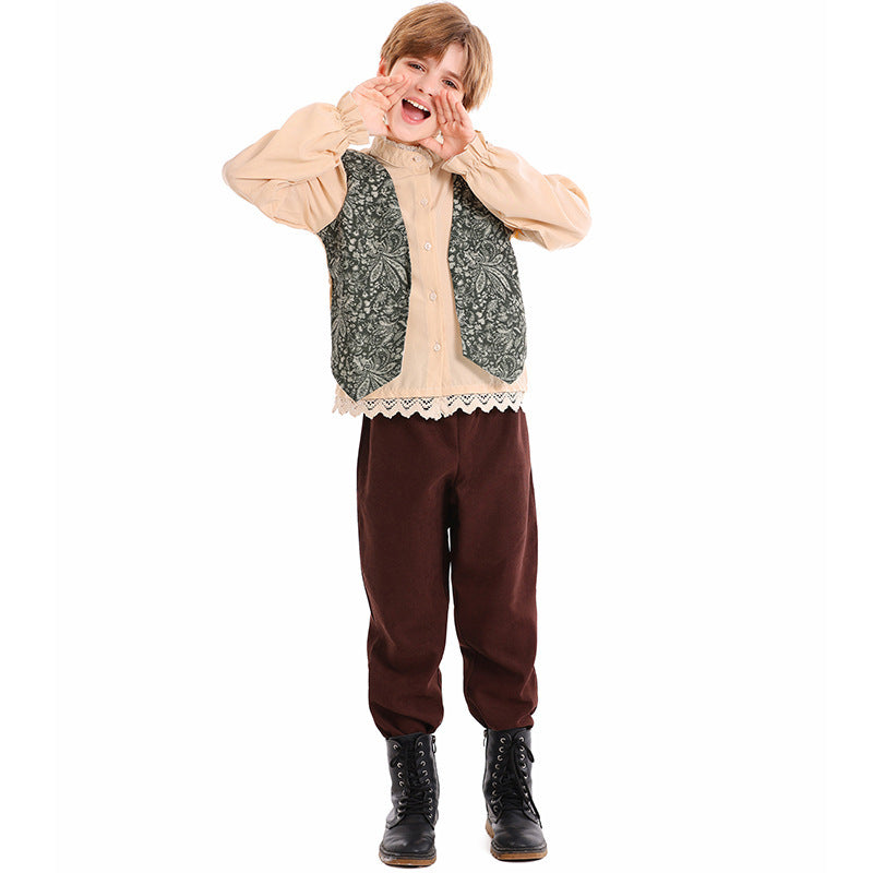 Unisex nan Kinderkostüm Set mit bestickter Paisley-Weste und Rüschenbluse Drune