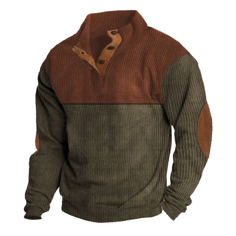 Herren nan rustikaler gerippter Pullover mit Henley-Kragen und lederartigen Ellbogenbesätzen Drune