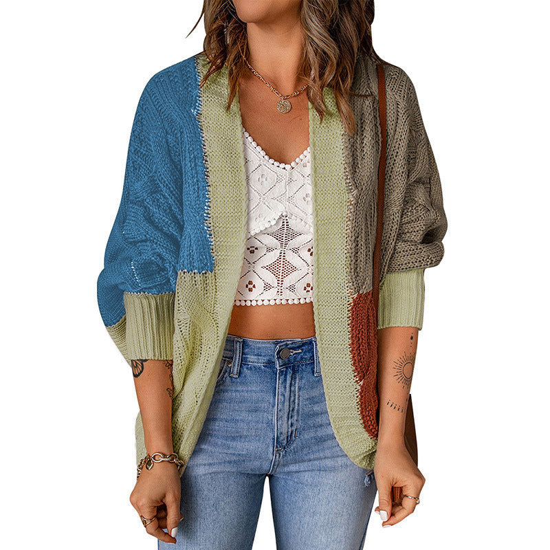 Damen nan lässige Strickjacke im Patchwork-Stil mit offener Front und 3/4-Ärmeln Drune