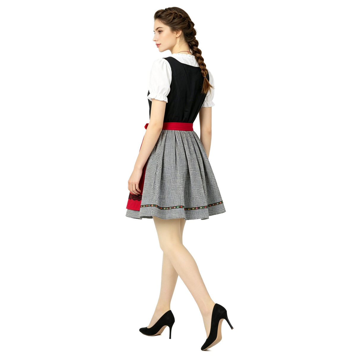 Damen nan kurzes traditionelles Dirndlkleid mit geschnürtem Mieder, Puffärmel-Bluse und aufgesetzter Schürze Drune