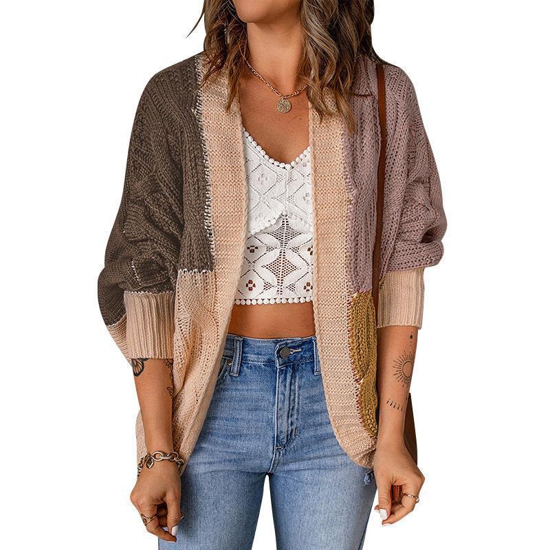 Damen nan lässige Strickjacke im Patchwork-Stil mit offener Front und 3/4-Ärmeln Drune