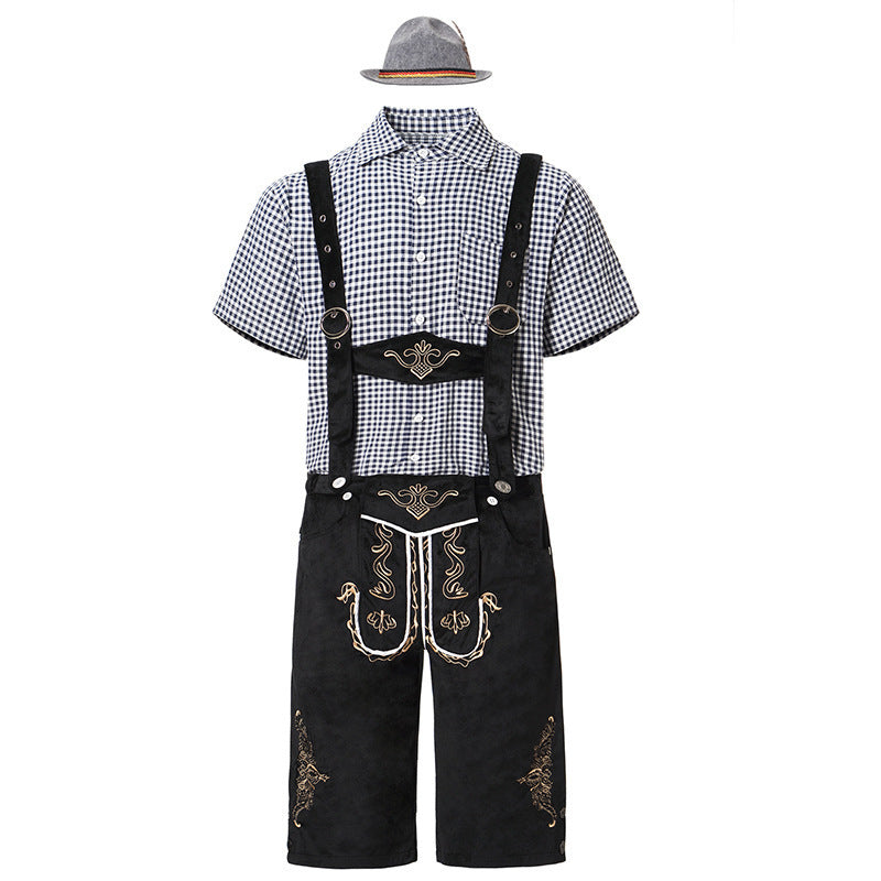Herren nan traditionelle Trachtenlederhose mit bestickten Hosenträgern, kariertem Trachtenhemd und Filzhut Drune