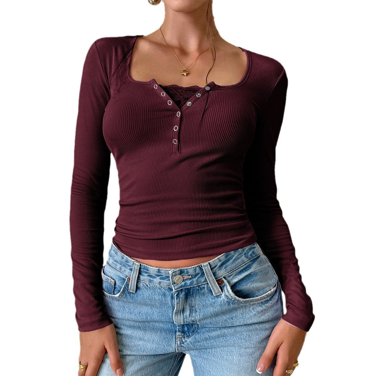 Damen Langarmshirt mit Knopfleiste und Rippstruktur