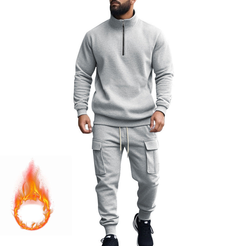 Herren nan Strick-Trainingsset mit halbem Reißverschluss, Zopfmuster-Pulli und Kordelzug-Jogger Drune