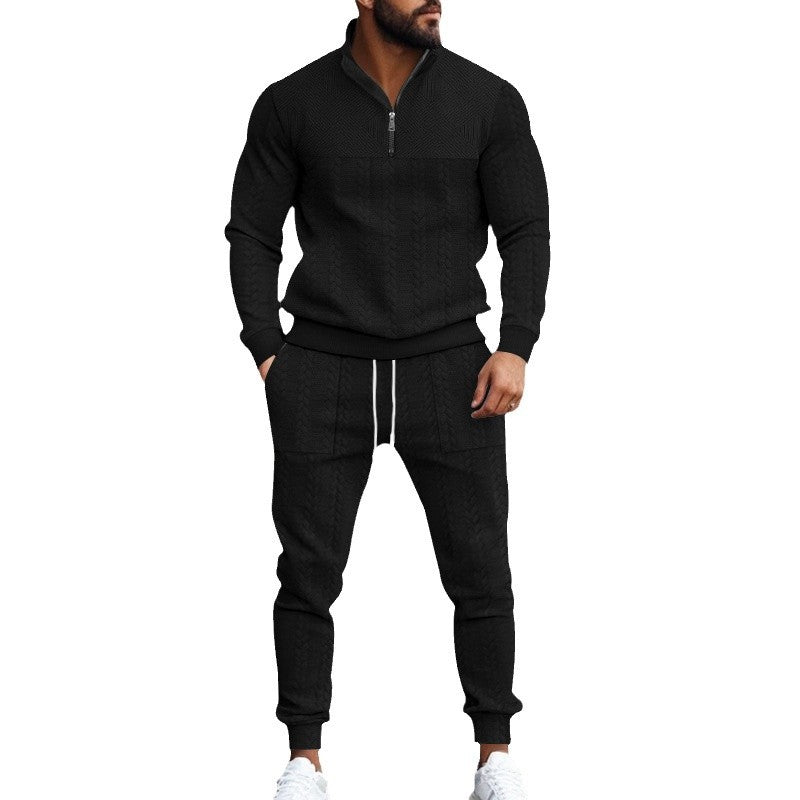 Herren nan Strick-Trainingsset mit halbem Reißverschluss, Zopfmuster-Pulli und Kordelzug-Jogger Drune