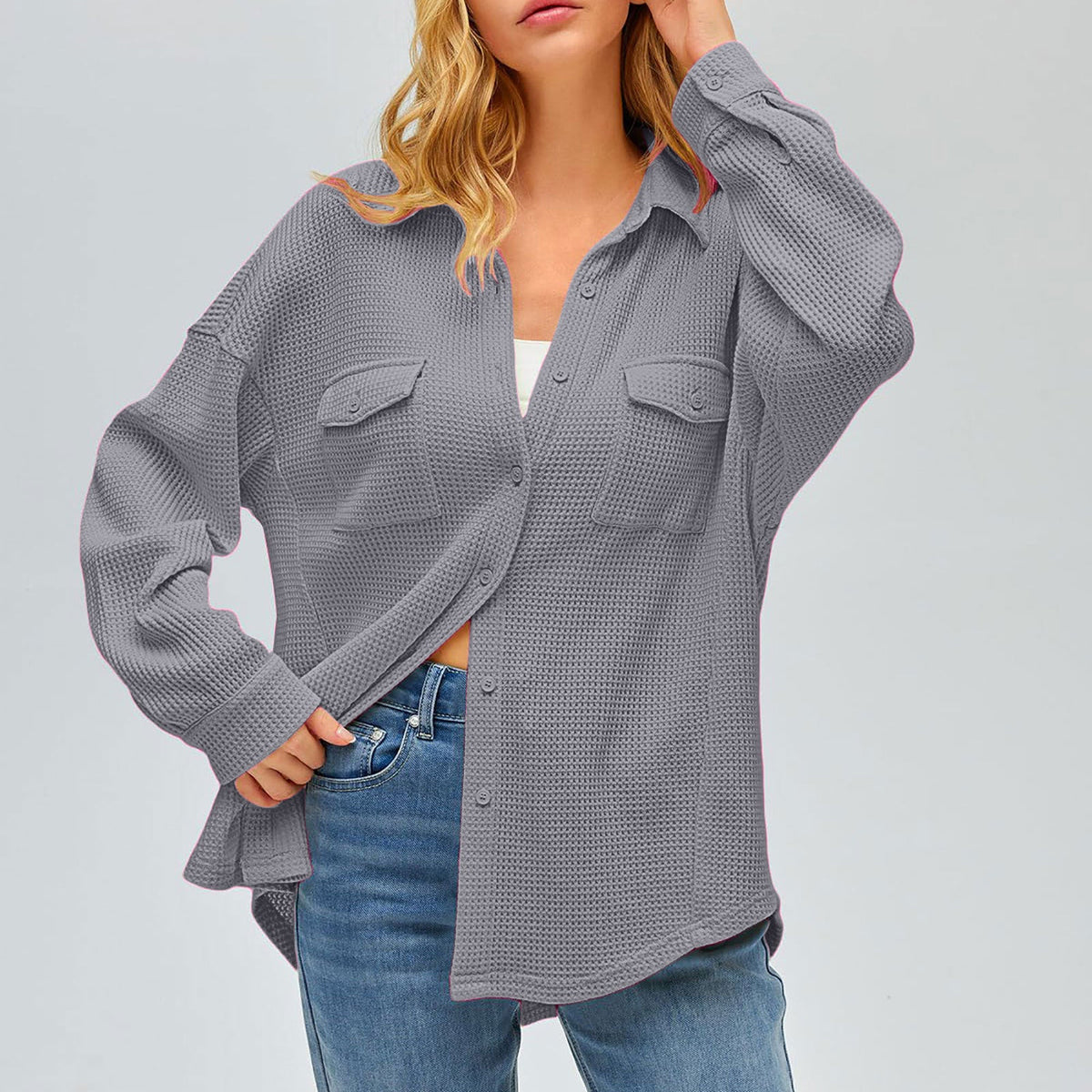 Damen nan oversized Waffelstrick Hemdjacke mit Brusttaschen und Knopfleiste Drune