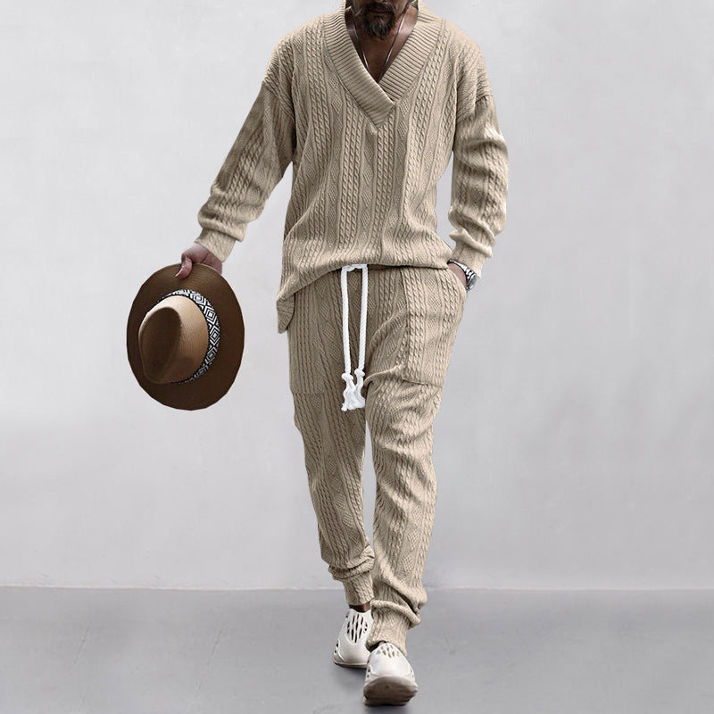 Herren nan gestricktes Lounge-Set mit V-Ausschnitt, Kabelstruktur und Kordelzug-Jogginghose Drune