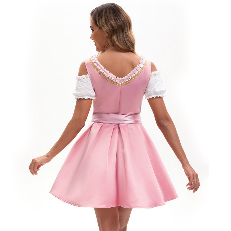 Damen nan traditionelles Dirndl Minikleid mit Spitzen-Schürze und Schnürung Drune