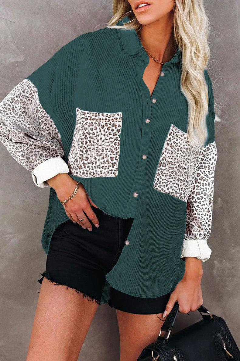 Damen nan oversized Hemdbluse mit Strukturstoff, Kontrastärmeln im Leo-Print und aufgesetzten Taschen Drune