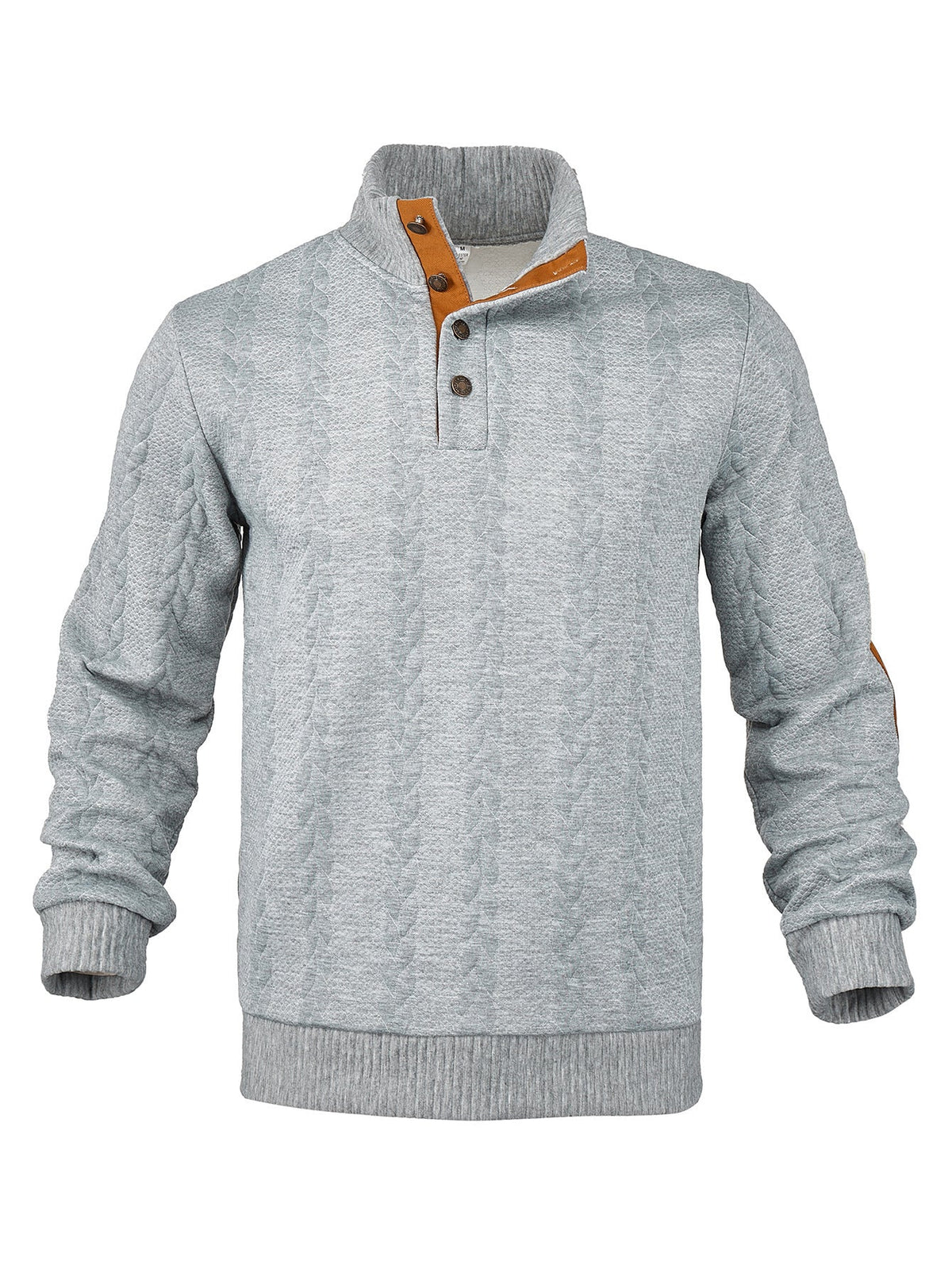 Herren nan Zopfmuster-Pullover mit Stehkragen, halber Knopfleiste und Ellbogenpatches Drune