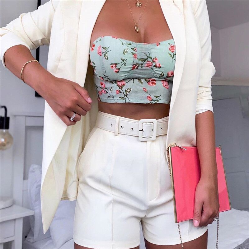 Damen nan tailliertes Longblazer-Shorts Set mit betonter Schulterpartie, hoher Taille und breitem Gürtel Drune