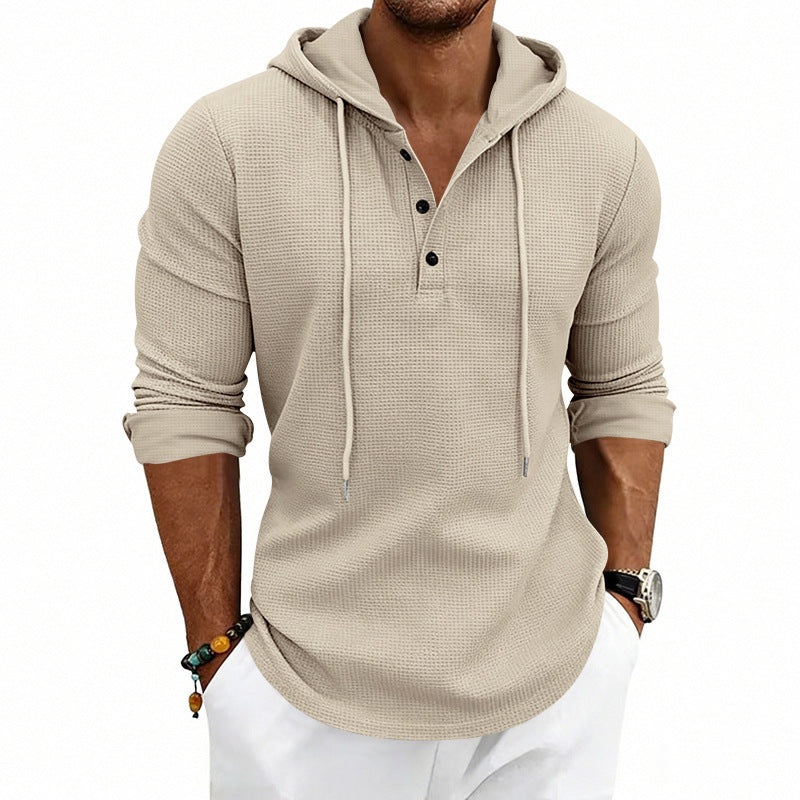 Herren nan lässiges Waffelstrick-Henley Kapuzenpullover mit Knopfleiste Drune