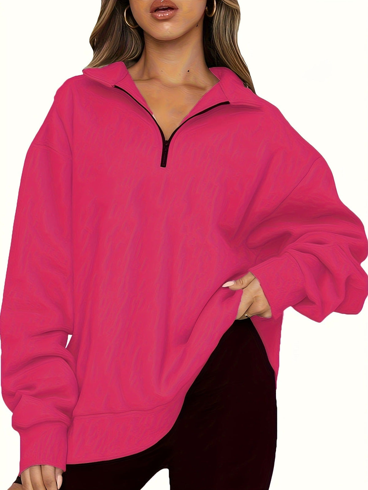 Damen nan Oversized Sweatshirt mit Kurzreißverschluss, Stehkragen und Kängurutasche Drune