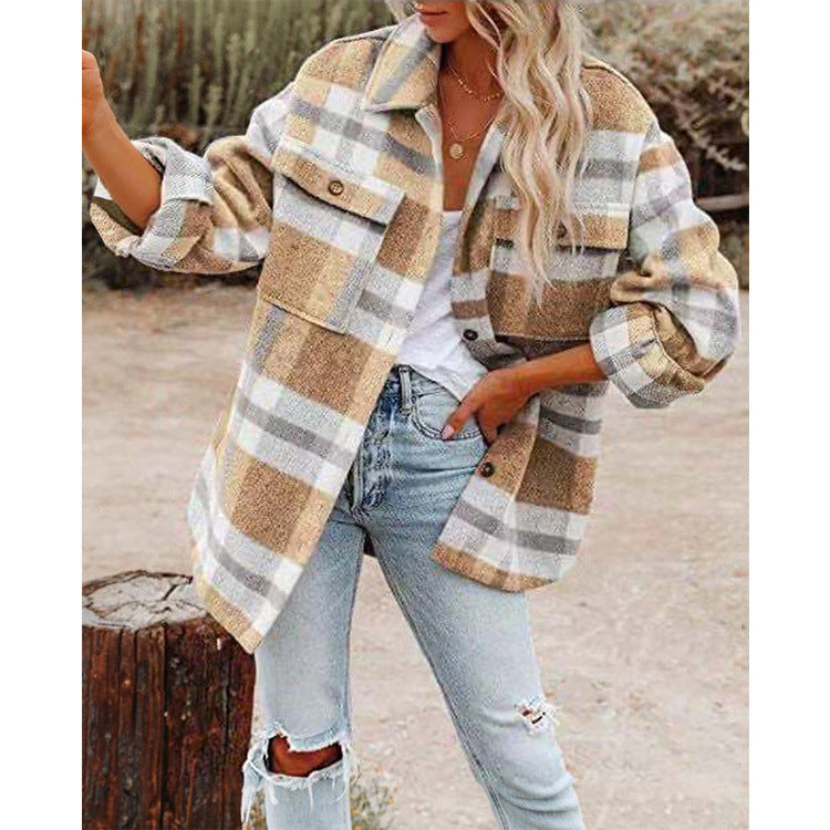 Damen nan karierte Overshirtjacke mit Brusttaschen und lockerer Passform Drune