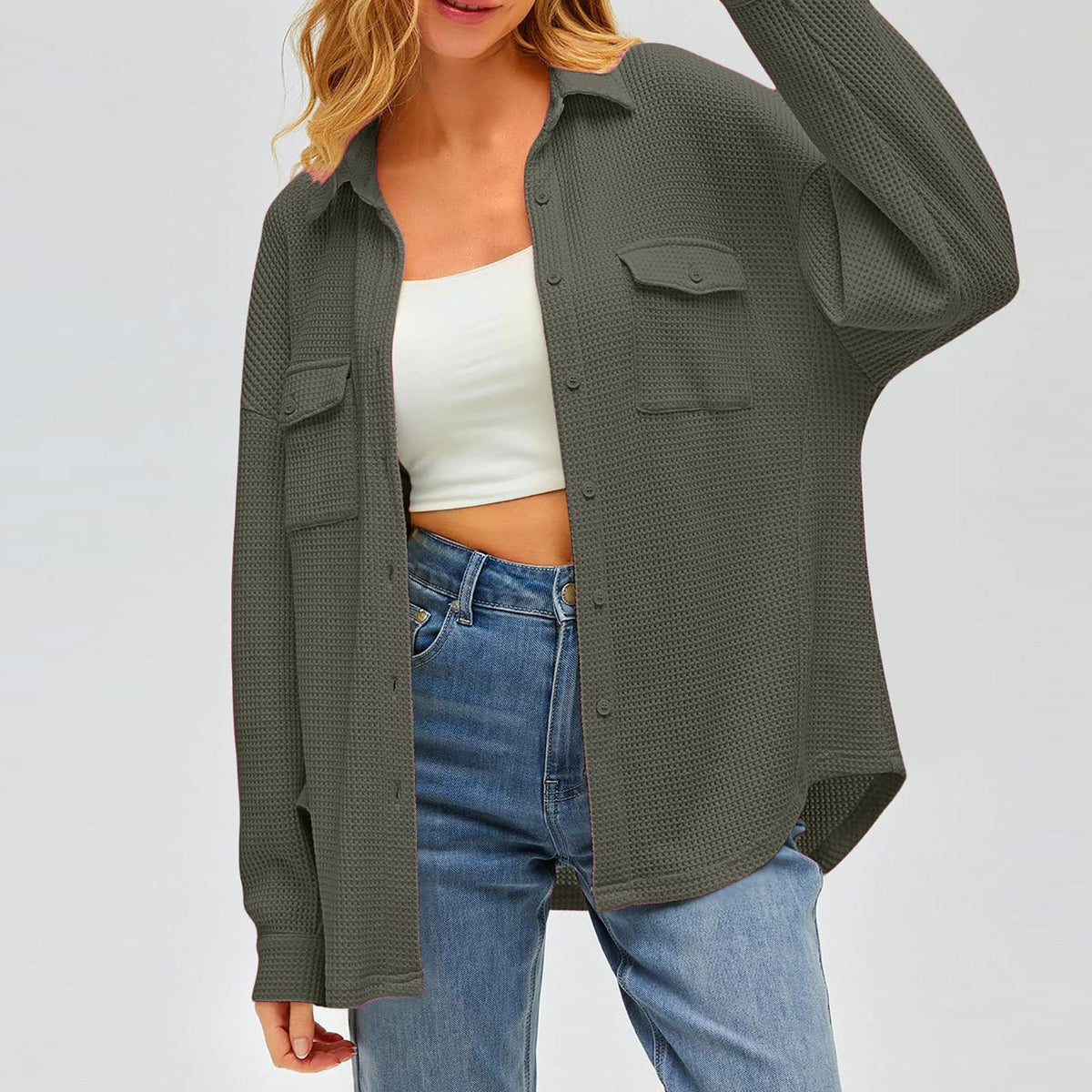 Damen nan oversized Waffelstrick Hemdjacke mit Brusttaschen und Knopfleiste Drune