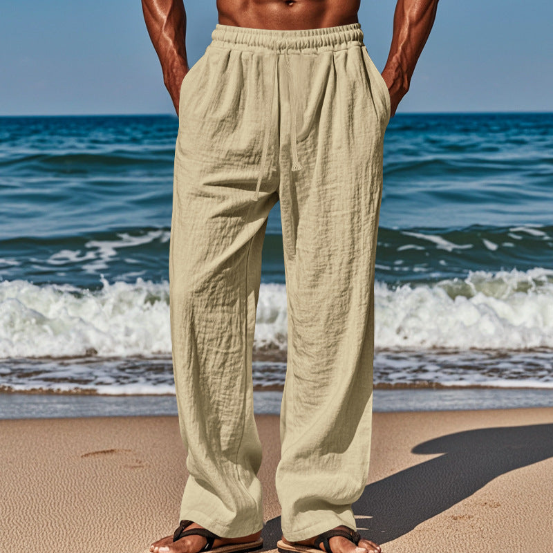 Herren nan lockere Leinen-Hose mit Elastikbund und Seitentaschen Drune
