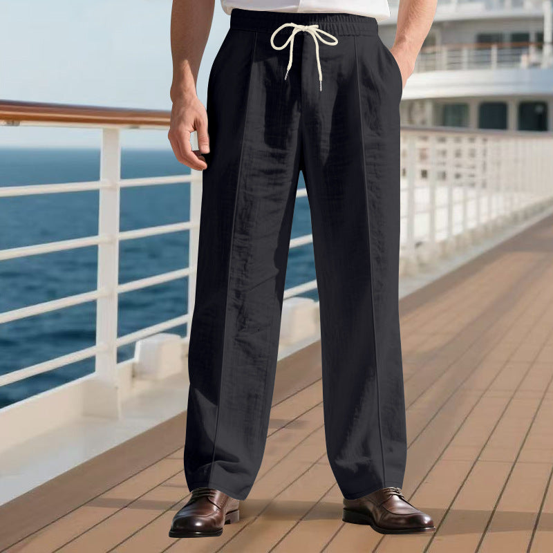 Herren nan elegante Leinenhose mit Bügelfalte Tunnelzugbund und weitem Bein Drune