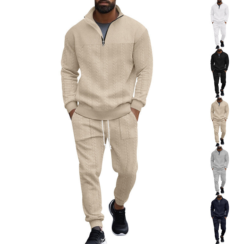 Herren nan Strick-Trainingsset mit halbem Reißverschluss, Zopfmuster-Pulli und Kordelzug-Jogger Drune