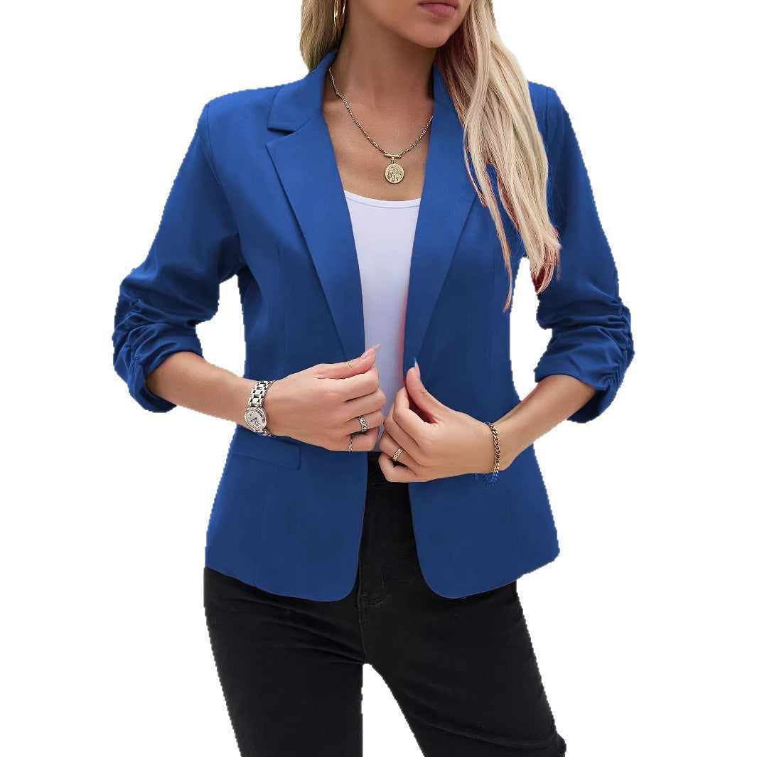 Damen nan taillierter Longblazer mit Revers, gerafften 3/4-Ärmeln und Eingrifftaschen Drune