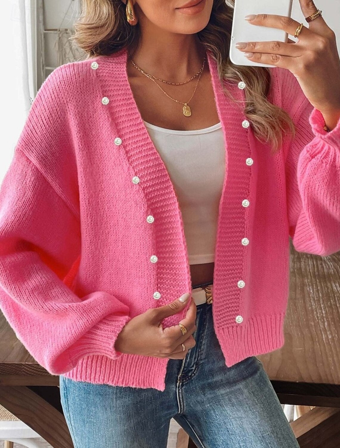 Damen nan Strickcardigan mit Perlenknöpfen und Balloon-Ärmeln Drune