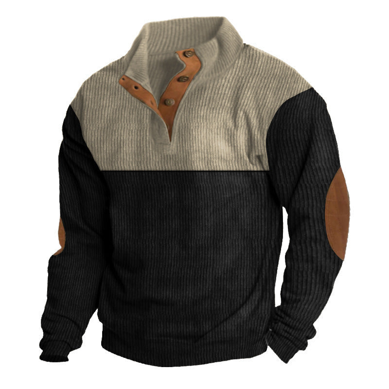 Herren nan rustikaler gerippter Pullover mit Henley-Kragen und lederartigen Ellbogenbesätzen Drune