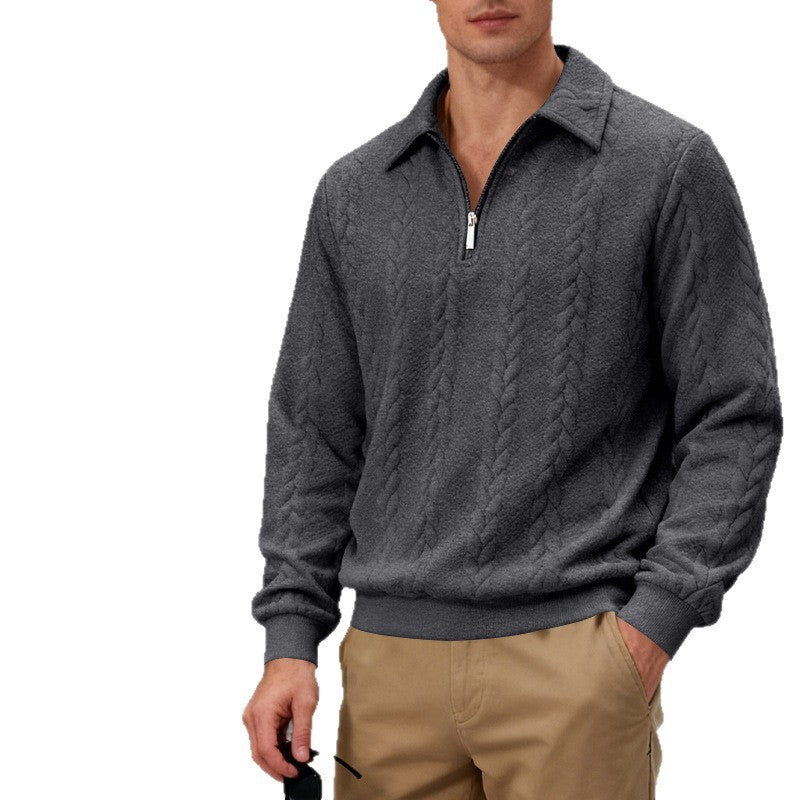 Herren nan strukturierter Strickpullover mit halbem Reißverschluss, Polokragen und Zopfmuster Drune