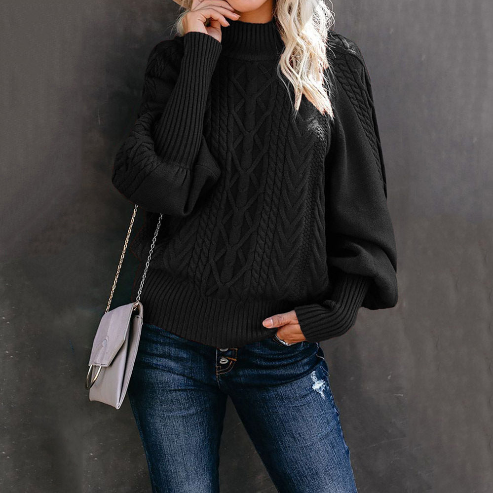 Damen nan Zopfmuster-Strickpullover mit Rollkragen und Ballonärmeln Drune