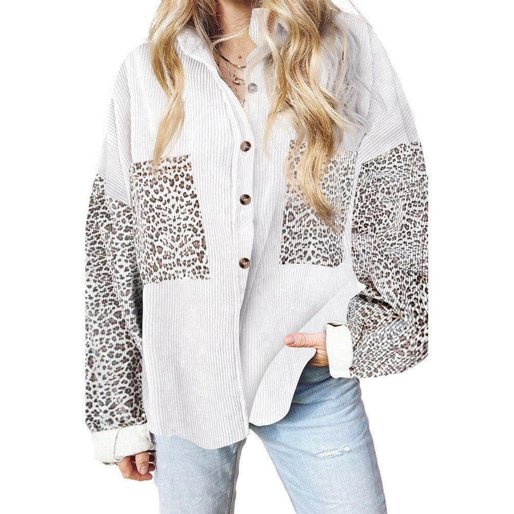 Damen nan oversized Hemdbluse mit Strukturstoff, Kontrastärmeln im Leo-Print und aufgesetzten Taschen Drune