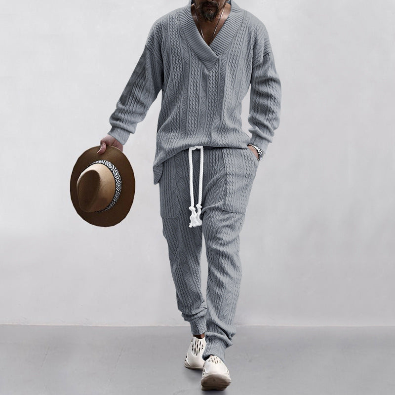 Herren nan gestricktes Lounge-Set mit V-Ausschnitt, Kabelstruktur und Kordelzug-Jogginghose Drune