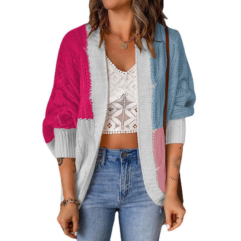 Damen nan lässige Strickjacke im Patchwork-Stil mit offener Front und 3/4-Ärmeln Drune
