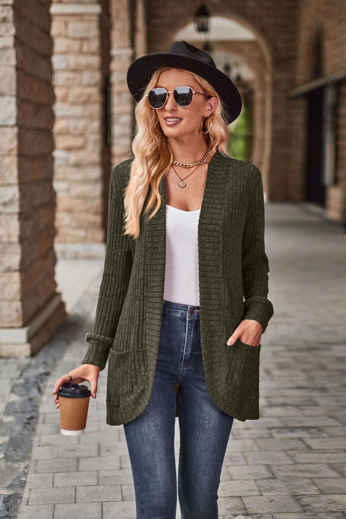 Damen nan langer gerippter Cardigan mit aufgesetzten Taschen und offener Front Drune