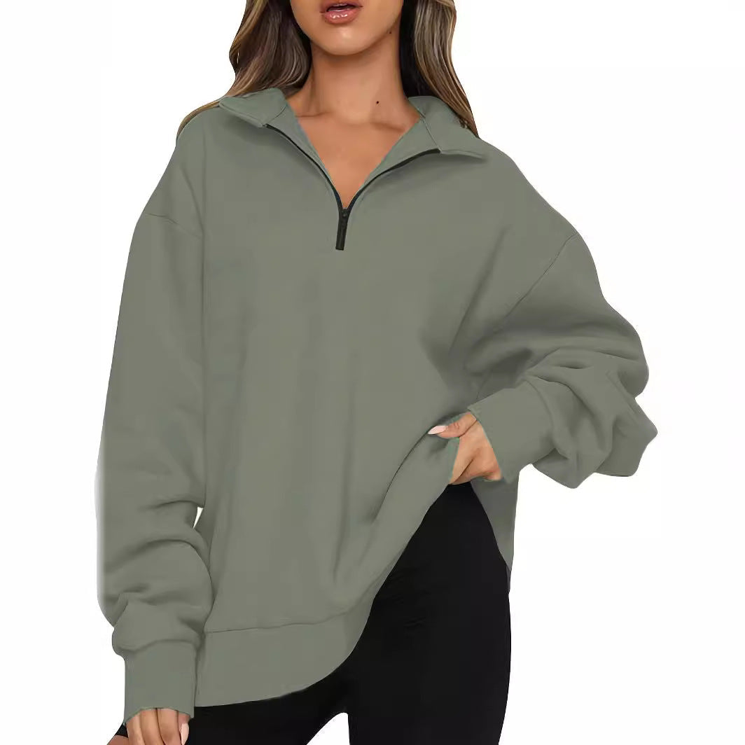 Damen nan Oversized Sweatshirt mit Kurzreißverschluss, Stehkragen und Kängurutasche Drune