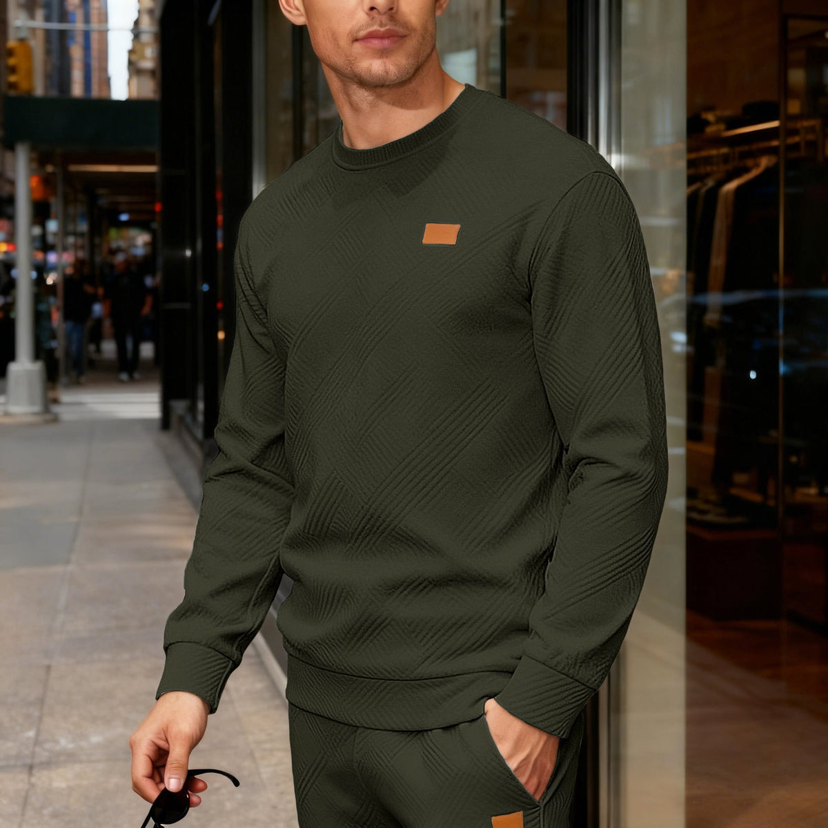 Herren nan strukturierter Baumwollstrickpullover mit Rautenstruktur, Rundhalsausschnitt und elastischen Bündchen Drune