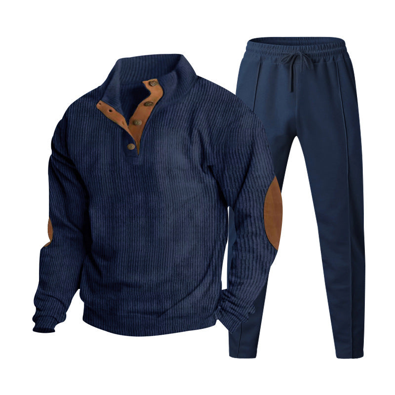 Herren nan strukturiertes Strick-Loungewear-Set mit halber Knopfleiste, kontrastreichen Ellbogenpatches und elastischem Tunnelzug-Jogger Drune