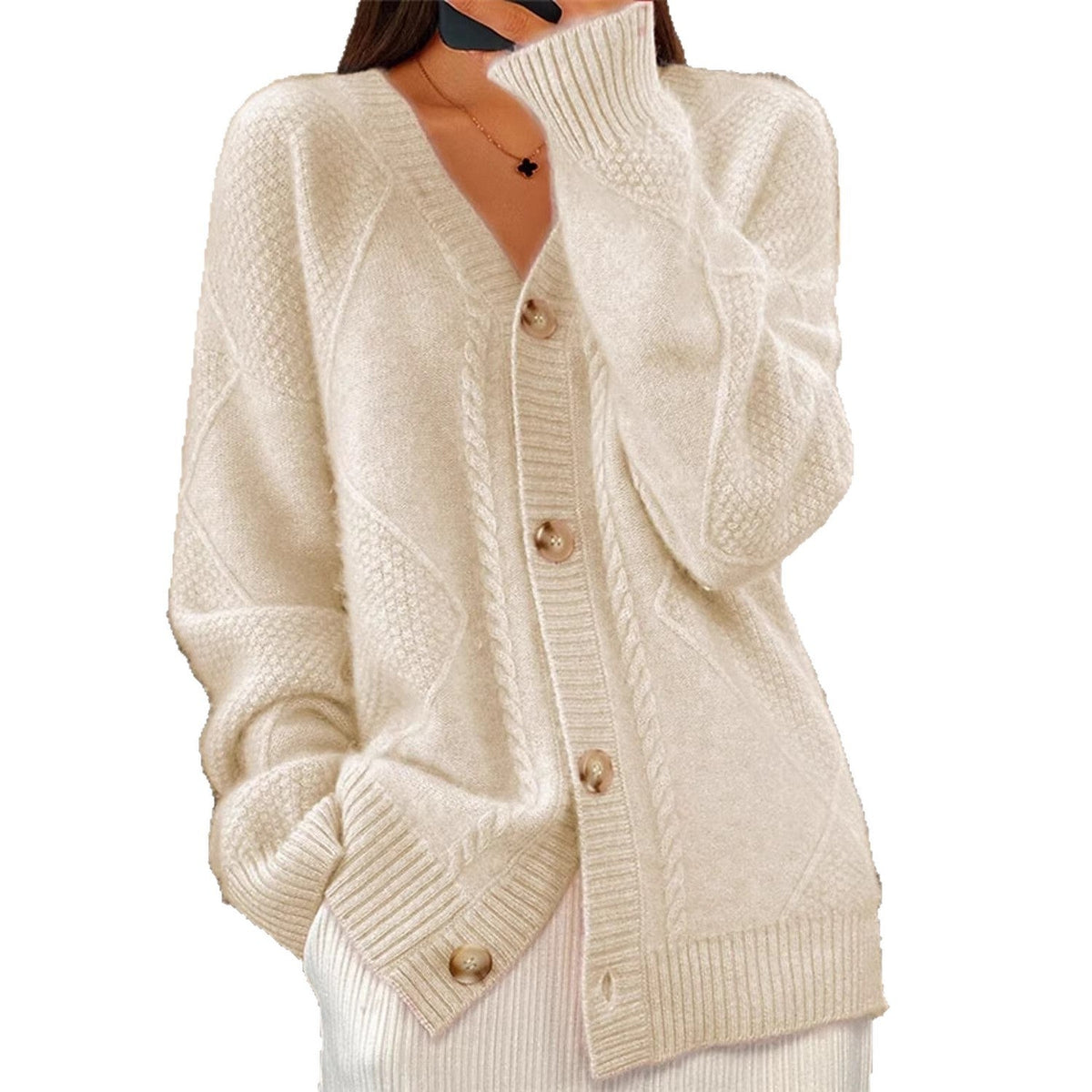 Damen nan oversized Strickcardigan mit Zopfmuster, V‑Ausschnitt und großen Knöpfen Drune