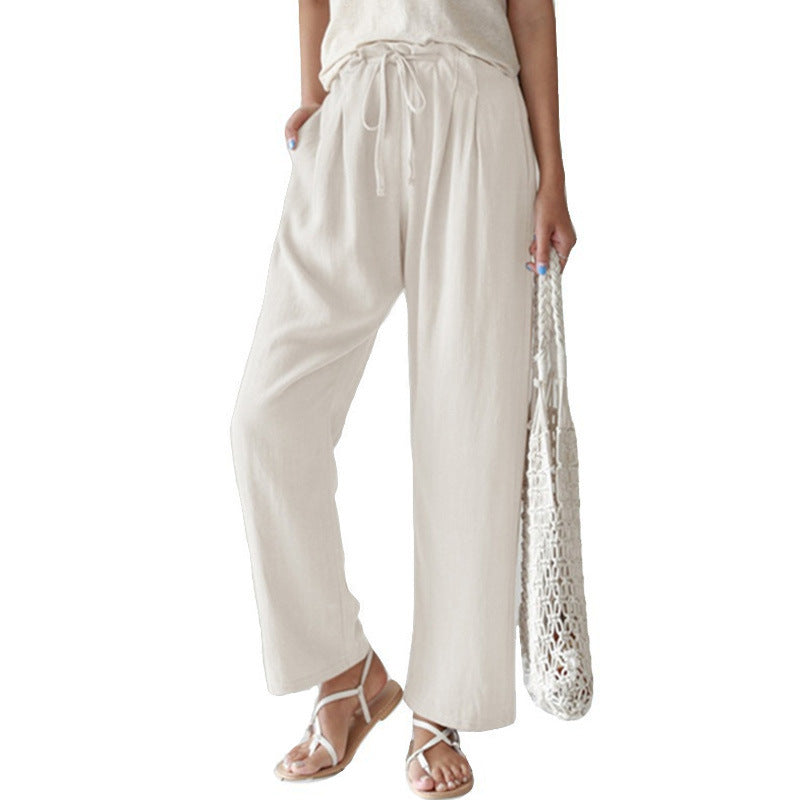 Damen nan lässige Leinenhose mit weitem Bein, elastischem Bund und Seitentaschen Drune