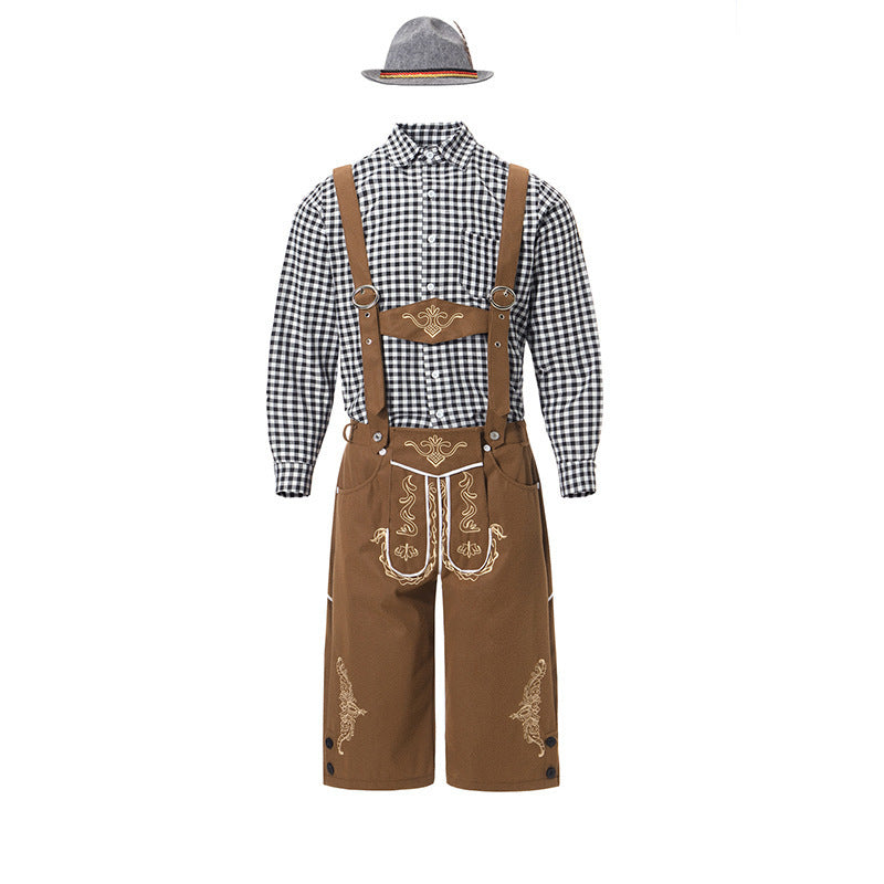 Herren nan traditionelle Trachtenlederhose mit bestickten Hosenträgern, kariertem Trachtenhemd und Filzhut Drune
