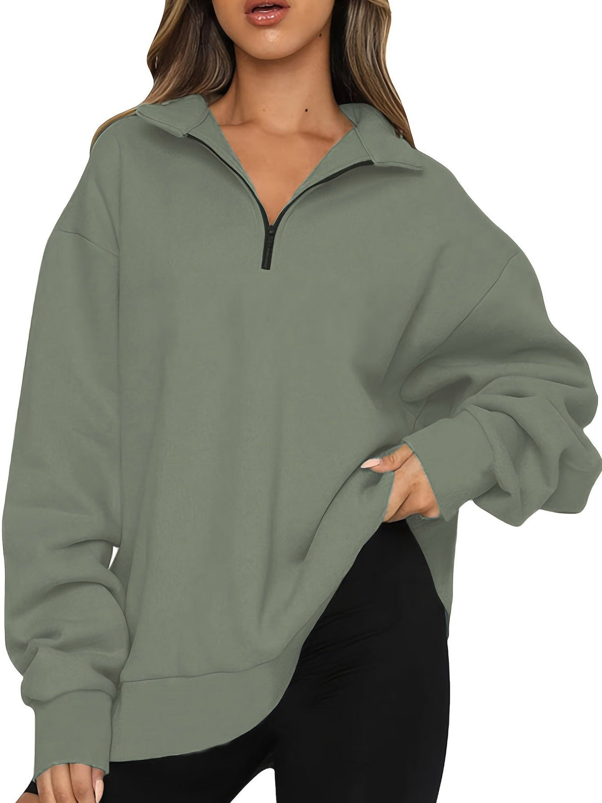 Damen nan Oversized Sweatshirt mit Kurzreißverschluss, Stehkragen und Kängurutasche Drune