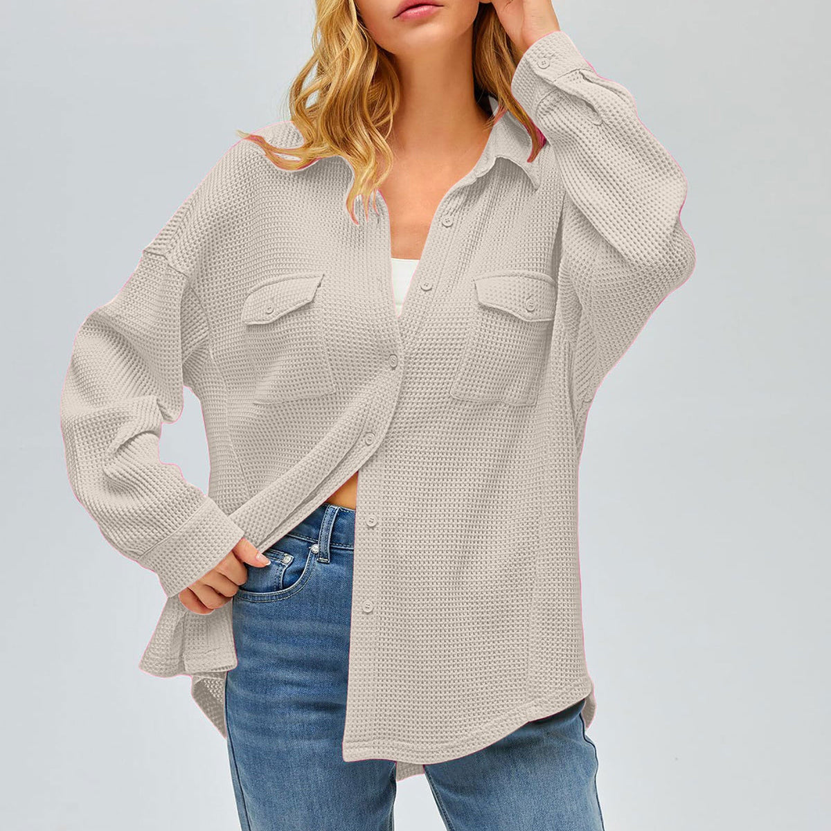 Damen nan oversized Waffelstrick Hemdjacke mit Brusttaschen und Knopfleiste Drune
