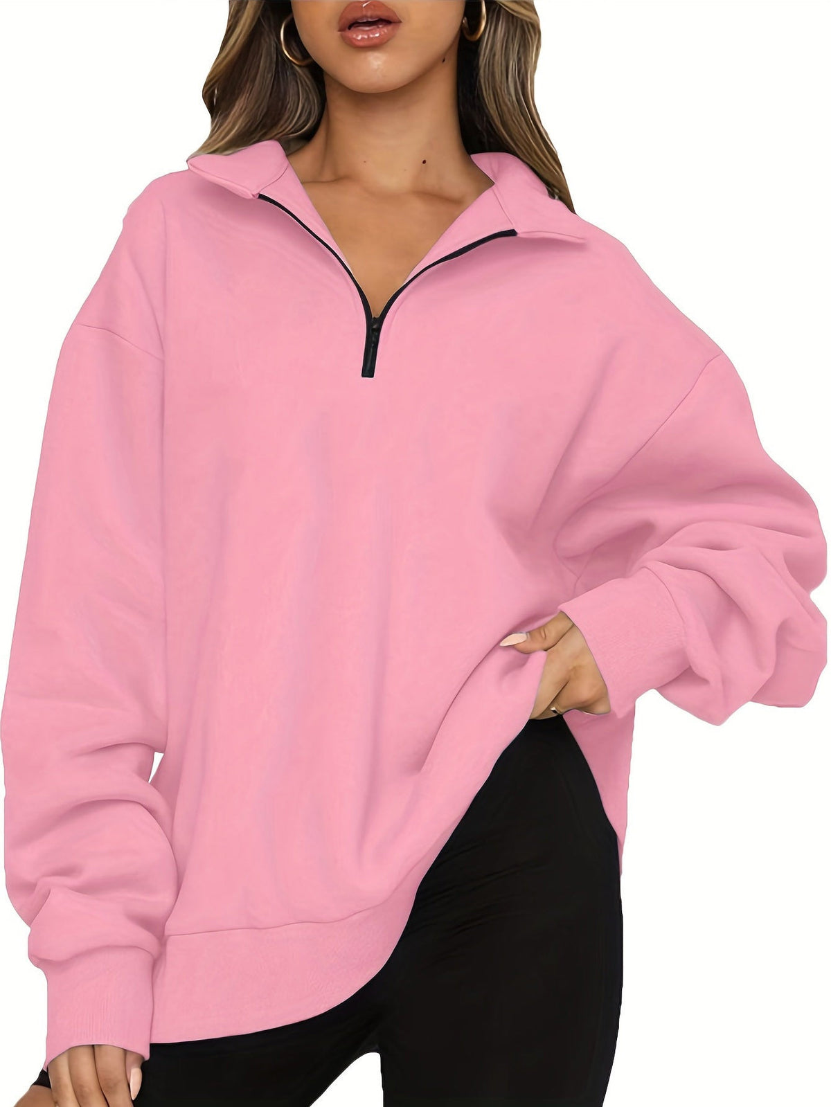 Damen nan Oversized Sweatshirt mit Kurzreißverschluss, Stehkragen und Kängurutasche Drune