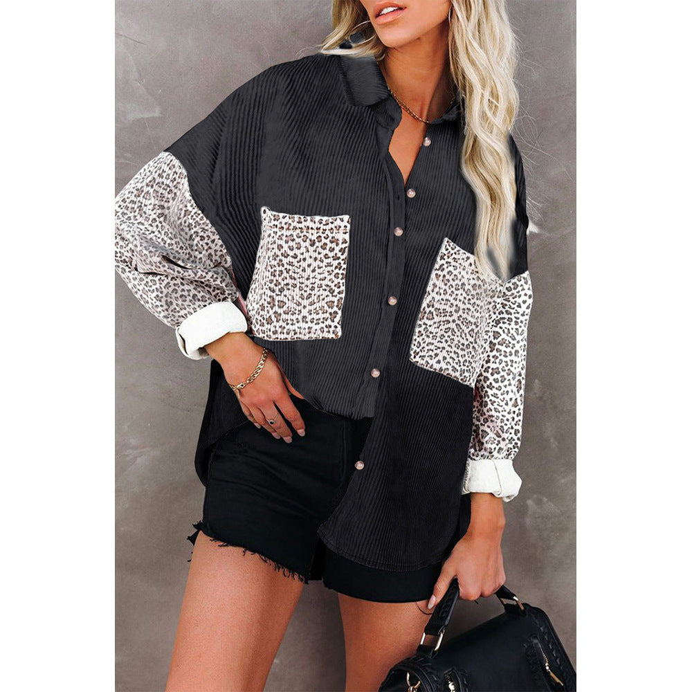 Damen nan oversized Hemdbluse mit Strukturstoff, Kontrastärmeln im Leo-Print und aufgesetzten Taschen Drune