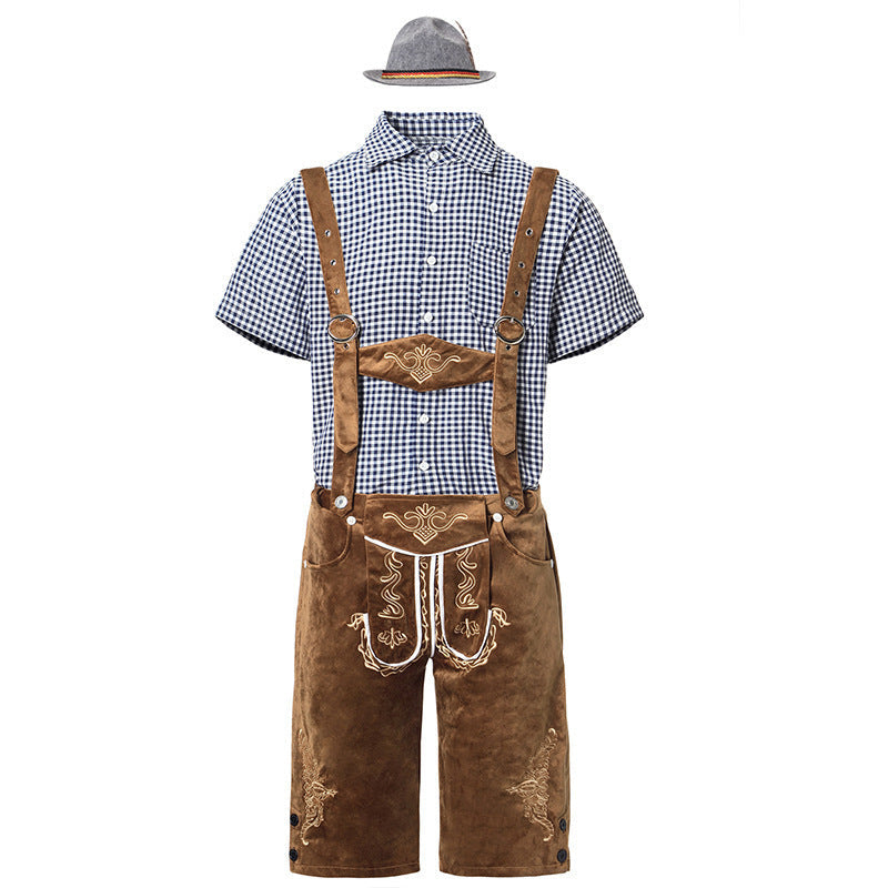 Herren nan traditionelle Trachtenlederhose mit bestickten Hosenträgern, kariertem Trachtenhemd und Filzhut Drune