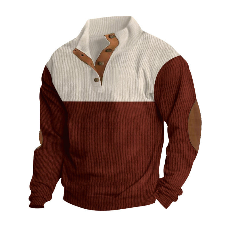 Herren nan strukturiertes Rugby-Pullover mit Stehkragen, Knopfleiste und Leder-Ellenbogenpatches Drune