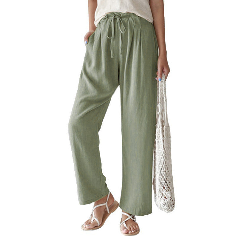 Damen nan lässige Leinenhose mit weitem Bein, elastischem Bund und Seitentaschen Drune