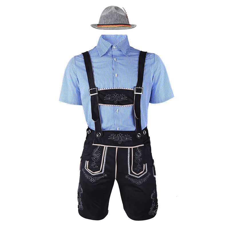 Herren nan traditionelle Trachtenlederhose mit bestickten Hosenträgern, kariertem Trachtenhemd und Filzhut Drune