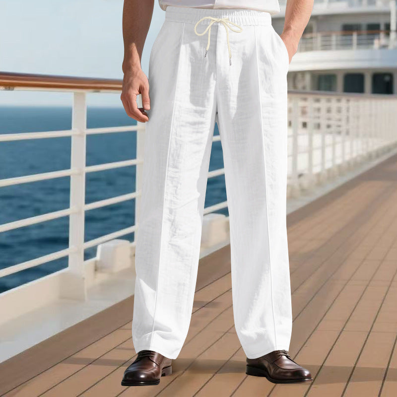 Herren nan elegante Leinenhose mit Bügelfalte Tunnelzugbund und weitem Bein Drune